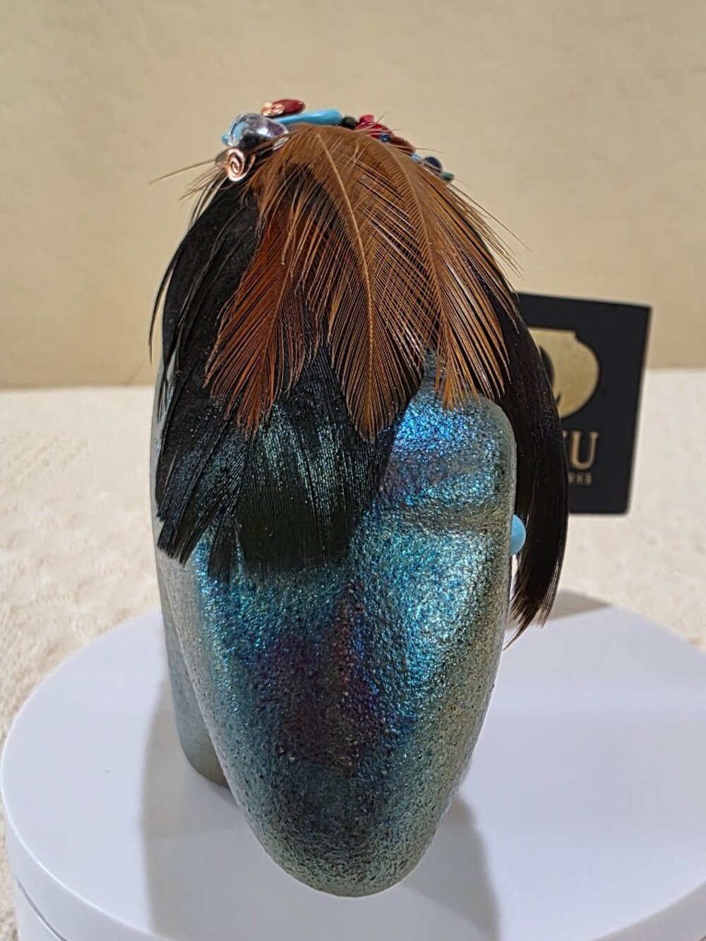 Jeremy Diller Raku Pottery Spirit Bear Fetish Figurine Turquoise Eye Feathers B2 - Picture 6 of 17